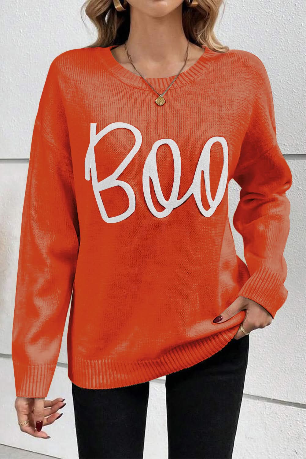 Orange Boo Knitted Pattern Ribbed Edge Drop Shoulder Sweater - Love Salve